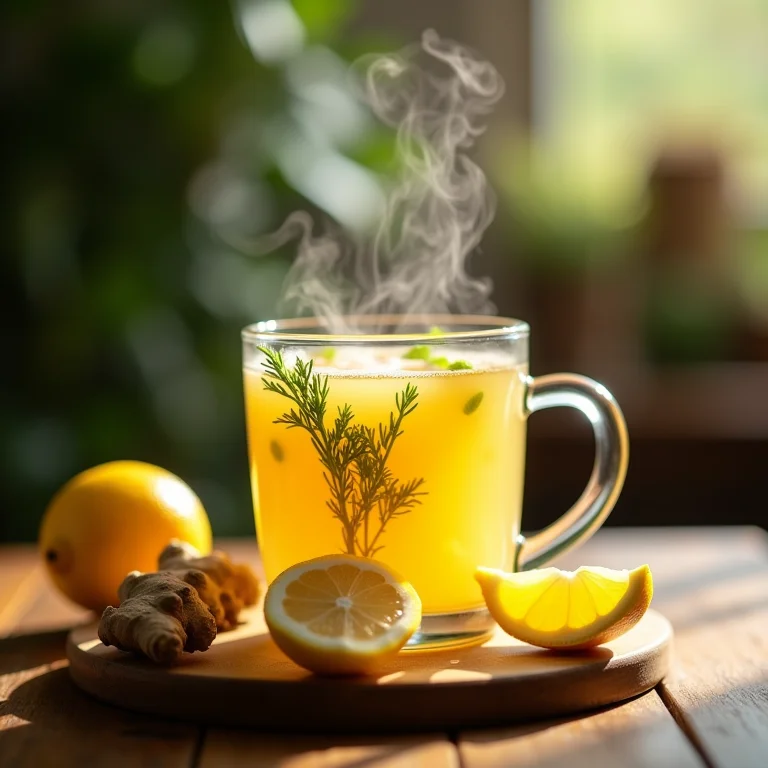 Chá de cavalinha com limão e gengibre, destacando as propriedades antioxidantes.