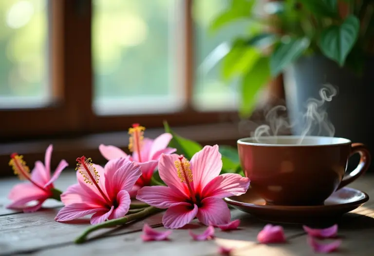 Chá de cavalinha e hibisco em mesa rústica com ingredientes frescos