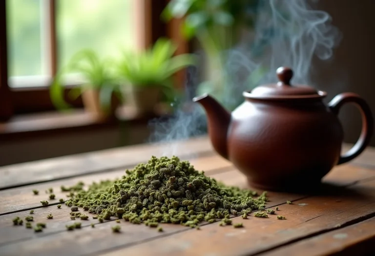 Chá de cavalinha: erva seca espalhada em mesa de madeira com bule fumegante