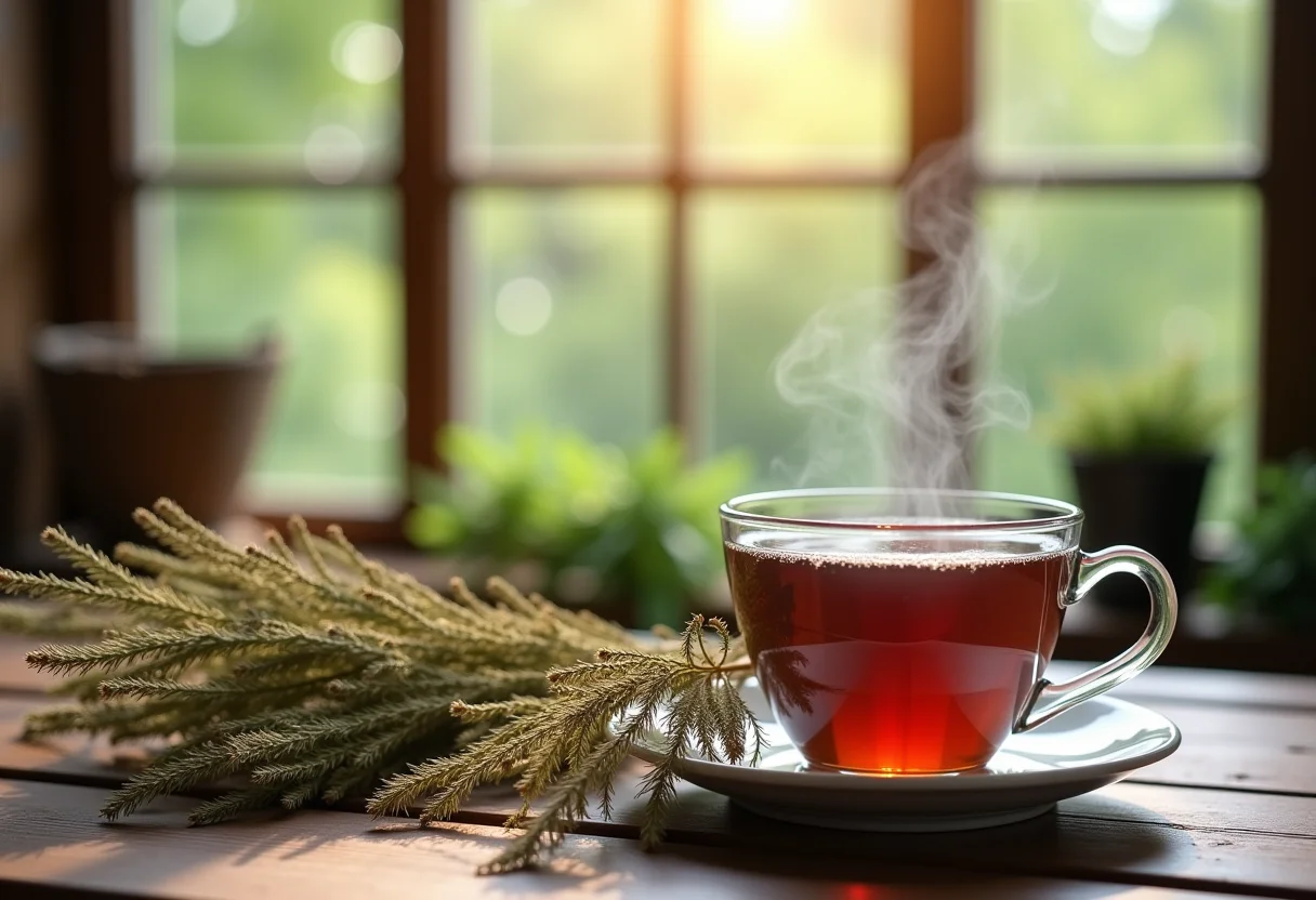 Chá de cavalinha fumegante em mesa rústica com ervas secas ao redor.