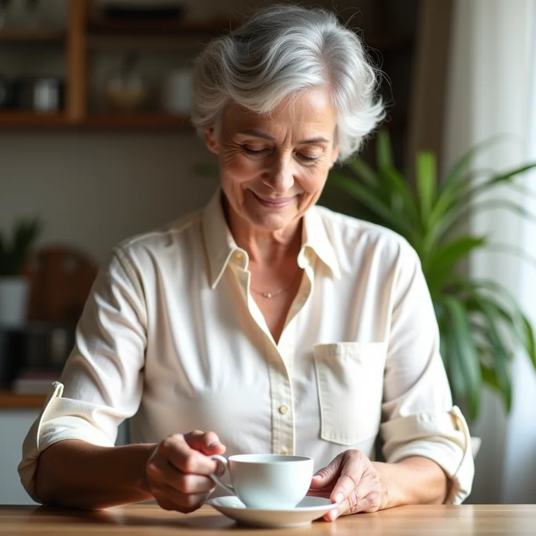 Chá de cavalinha na rotina: mulher madura bebendo chá em casa