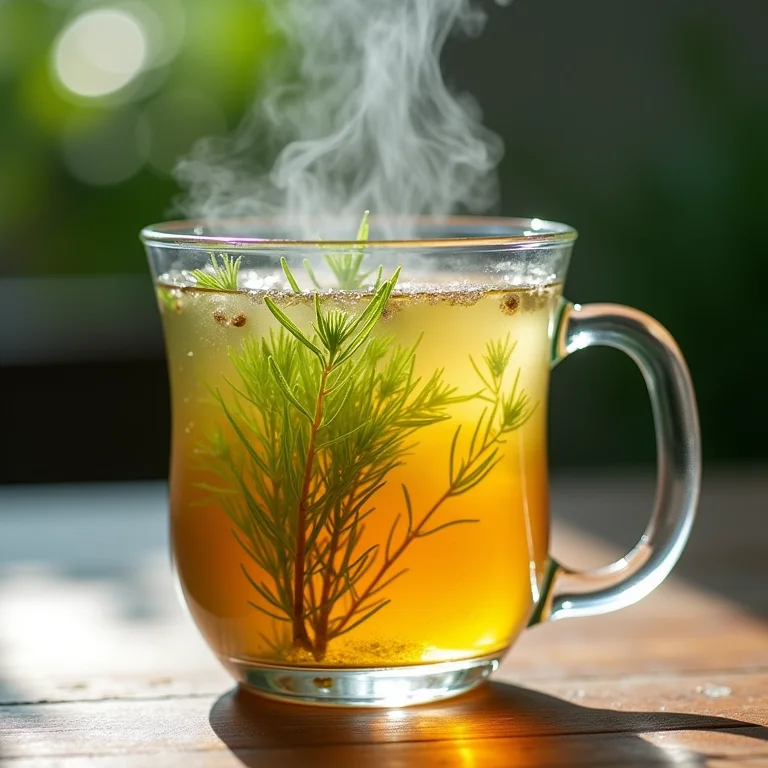 Chá de cavalinha sendo infusionado em xícara de vidro