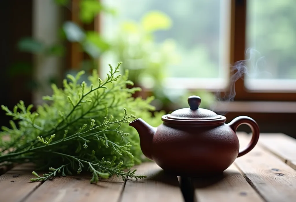 Chá de Cavalinha na Amamentação: riscos e benefícios reais Chá de cavalinha sendo preparado em bule de cerâmica vintage.