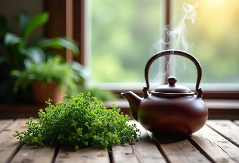 Chá de cavalinha sendo preparado em bule de cerâmica vintage.