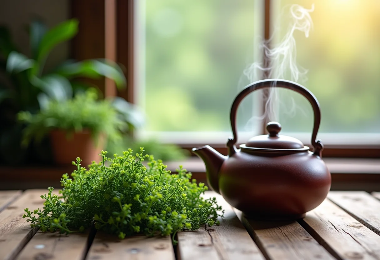Chá de cavalinha sendo preparado em bule de cerâmica vintage.