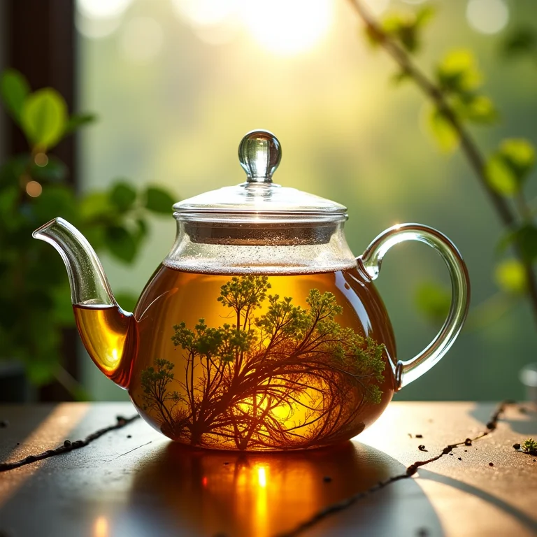 Chá de cavalinha sendo preparado em bule de vidro, mostrando a infusão.