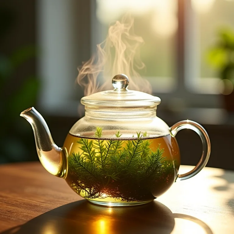 Chá de cavalinha sendo preparado em bule de vidro