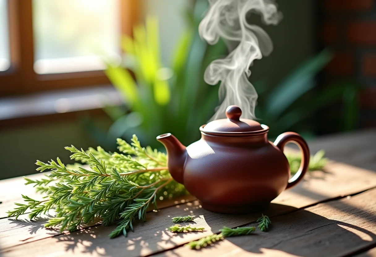 Chá de cavalinha sendo preparado em bule rústico com luz natural