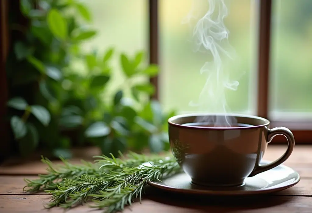 Chá de cavalinha sendo preparado em mesa de madeira rústica com luz natural