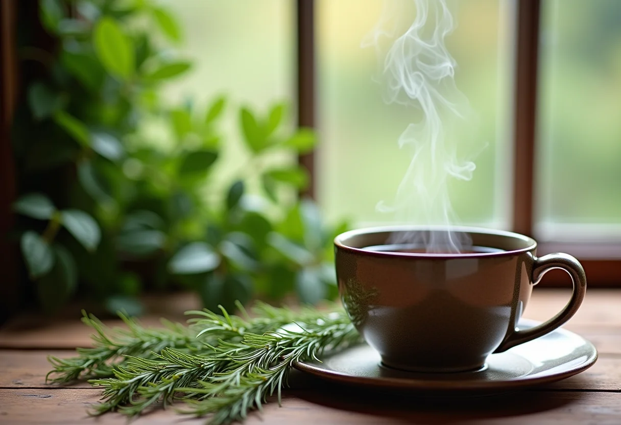 Chá de cavalinha sendo preparado em mesa de madeira rústica com luz natural