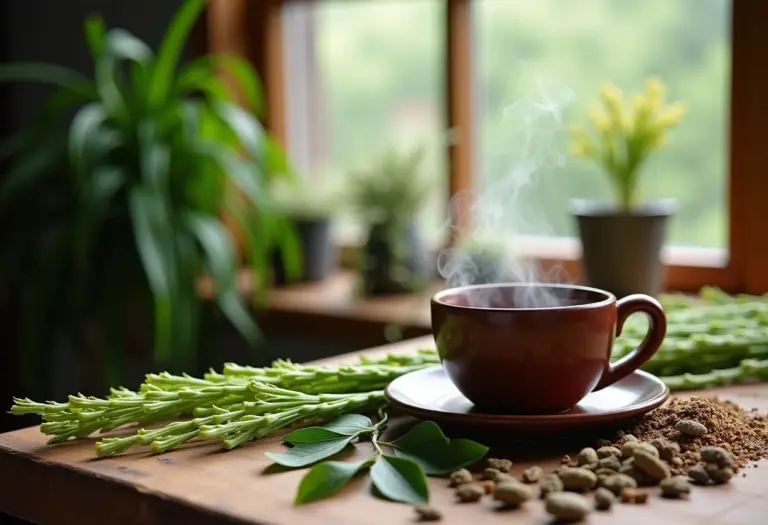 Chá de cavalinha sendo preparado em mesa de madeira rústica.