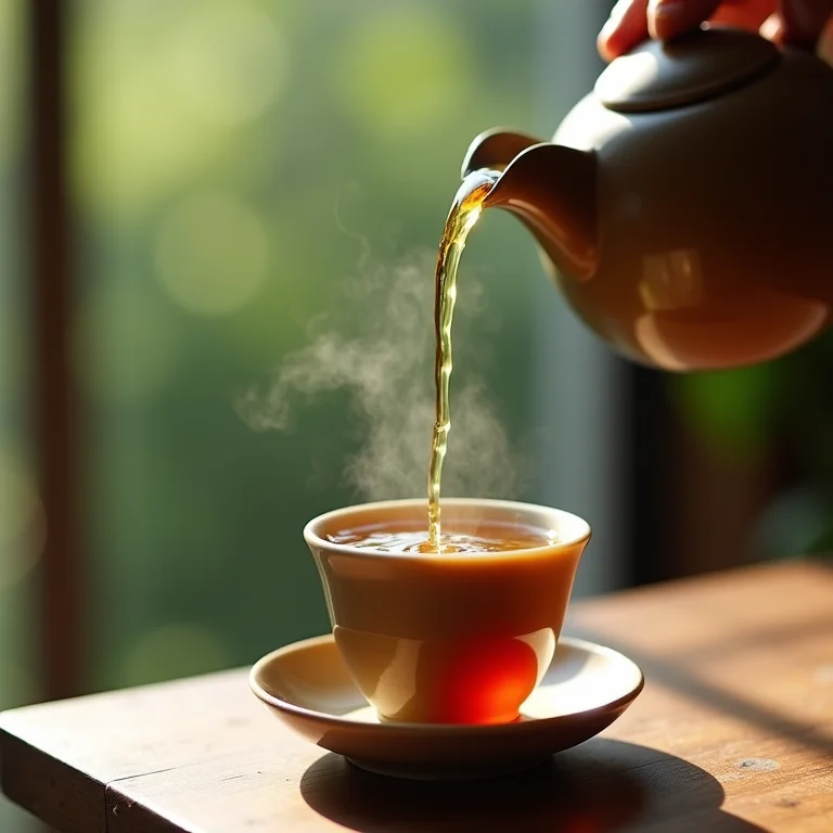Chá de cavalinha sendo servido em pequena xícara de cerâmica.