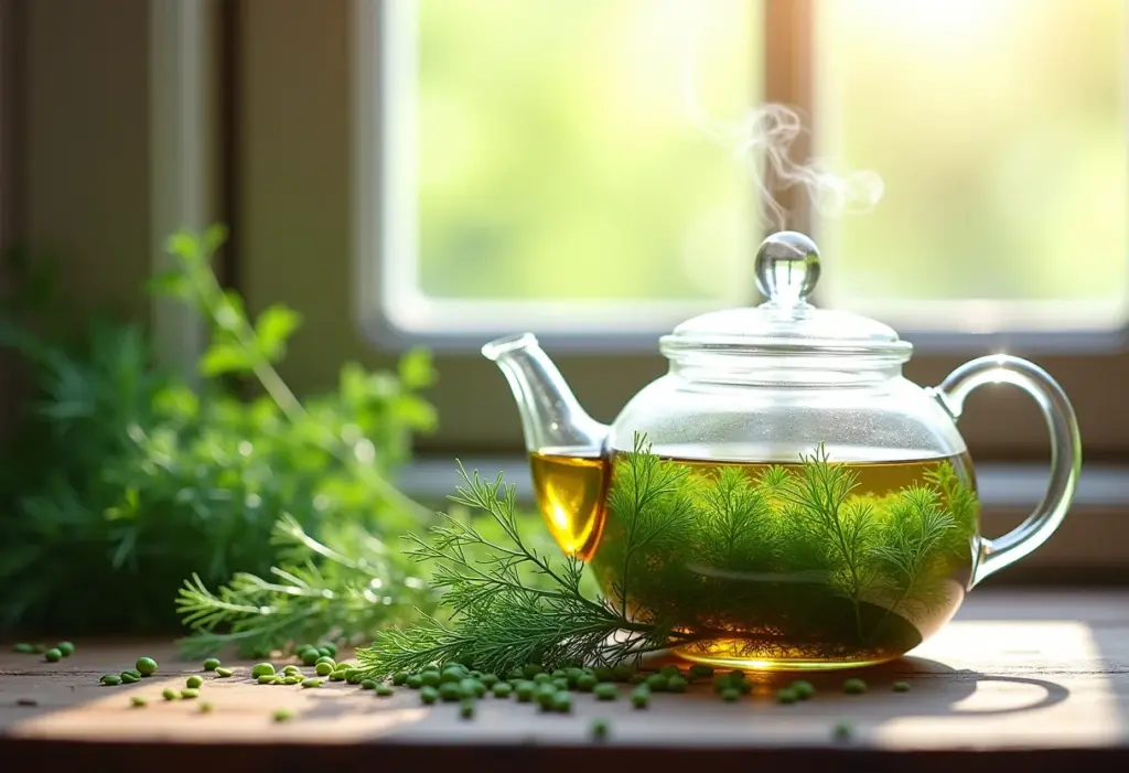 Chá de endro sendo preparado em bule de vidro com ingredientes frescos
