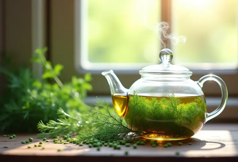 Chá de endro sendo preparado em bule de vidro com ingredientes frescos