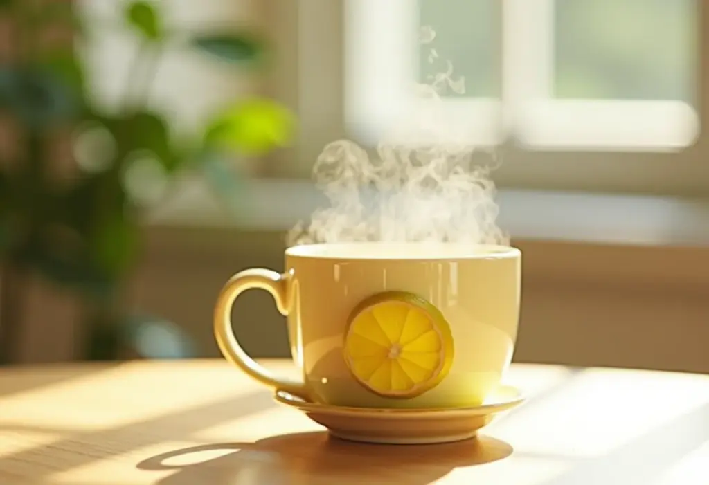 Chá de erva cidreira com limão fumegante.