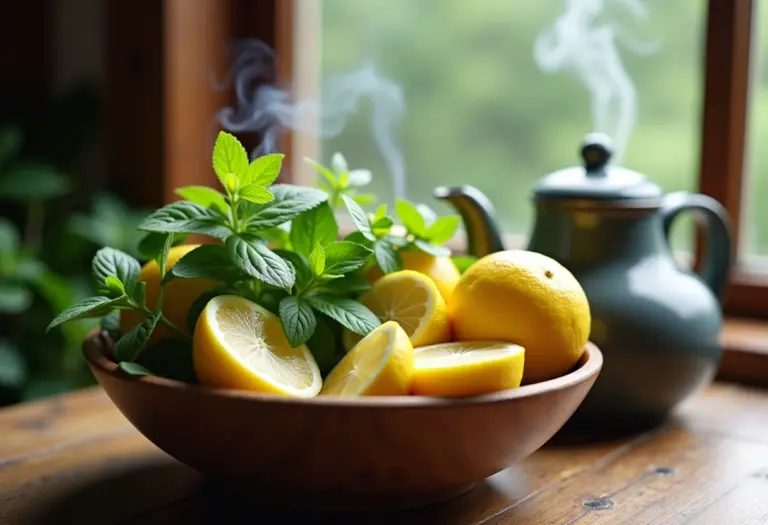 Chá de erva cidreira com limão sendo preparado em mesa rústica.