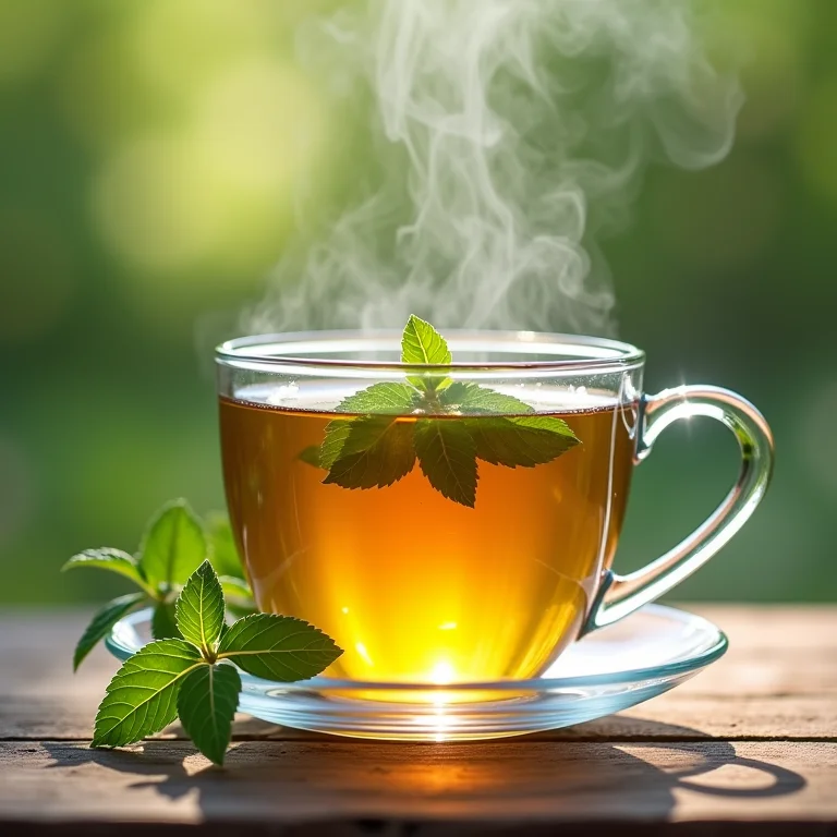 Chá de erva cidreira em copo de vidro com vapor