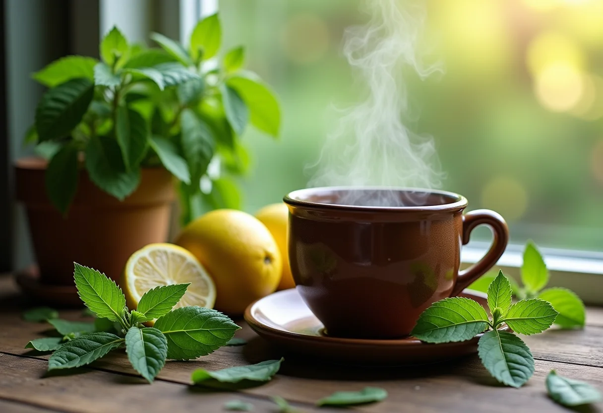 Chá de erva cidreira fresco em xícara de cerâmica com folhas ao redor