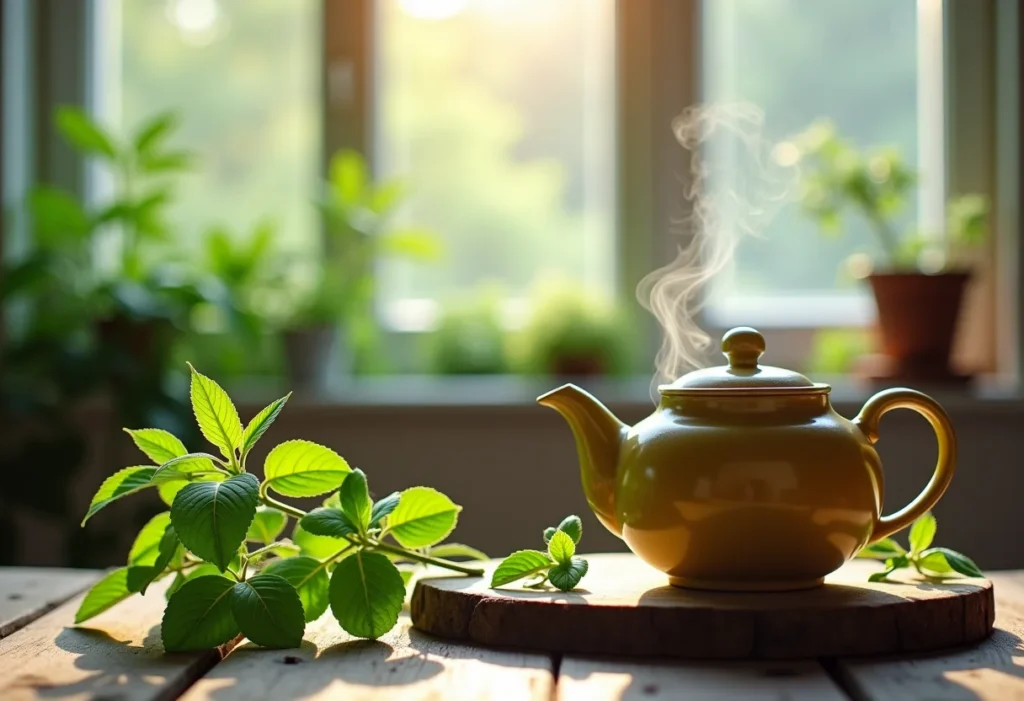 Chá de Erva Cidreira: O segredo para noites de sono profundo Chá de erva cidreira fumegante em mesa de madeira rústica