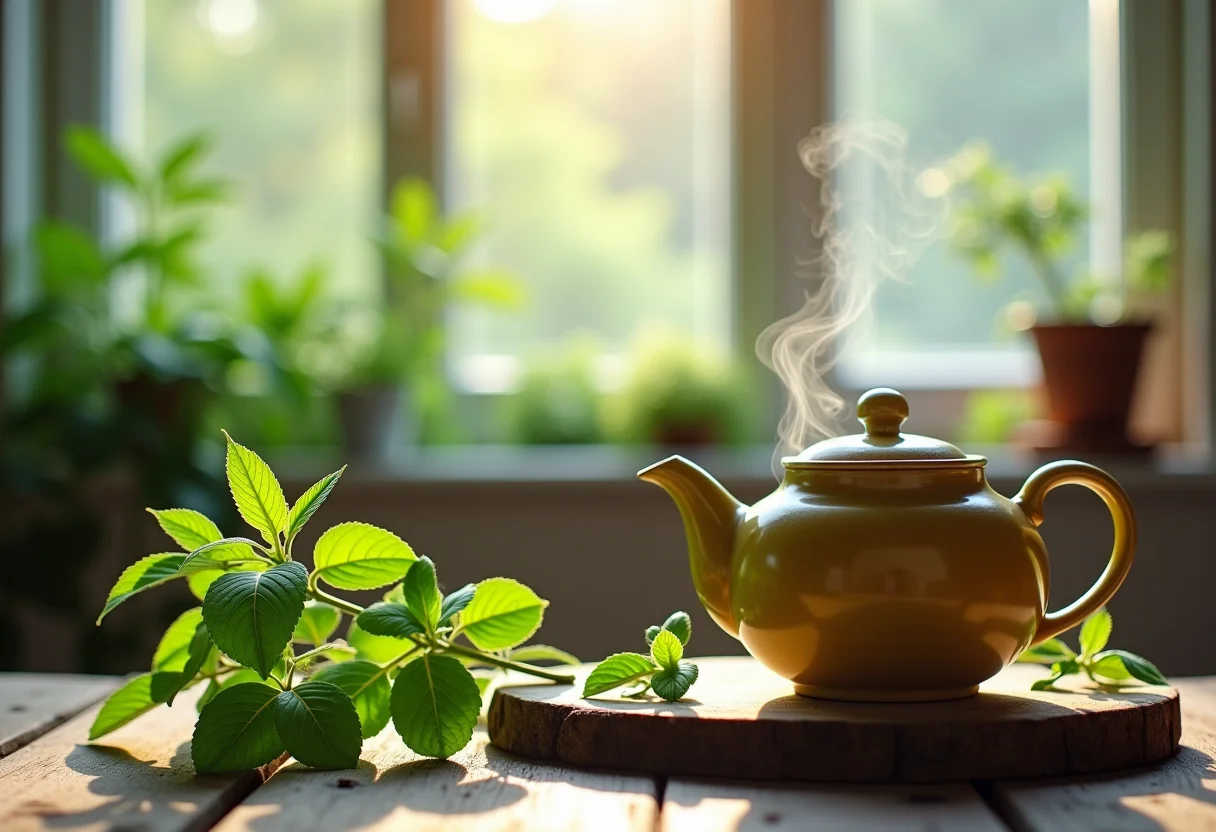 Chá de erva cidreira fumegante em mesa de madeira rústica