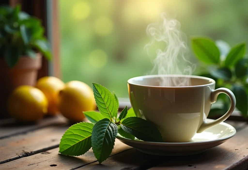 Chá de erva cidreira fumegante em mesa de madeira rústica.