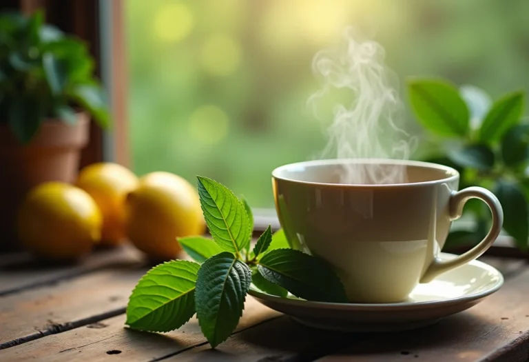 Chá de erva cidreira fumegante em mesa de madeira rústica.