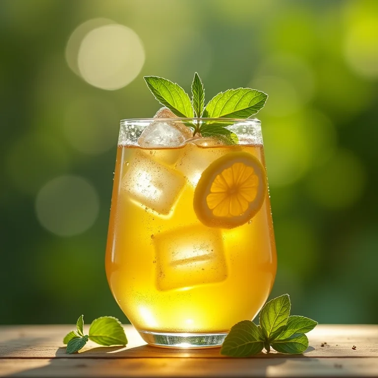 Chá de erva cidreira gelado com cubos de gelo derretendo.