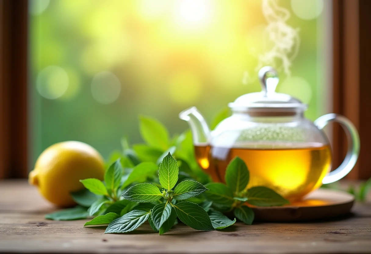 Chá de erva cidreira gelado sendo preparado em mesa de madeira rústica.