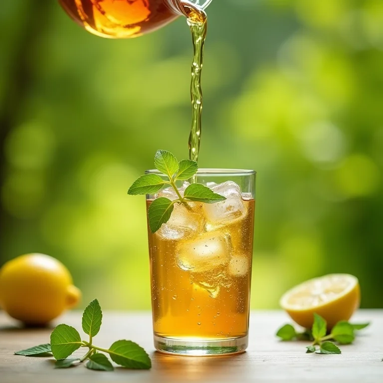 Chá de erva cidreira sendo derramado sobre o gelo, mostrando o processo de infusão.