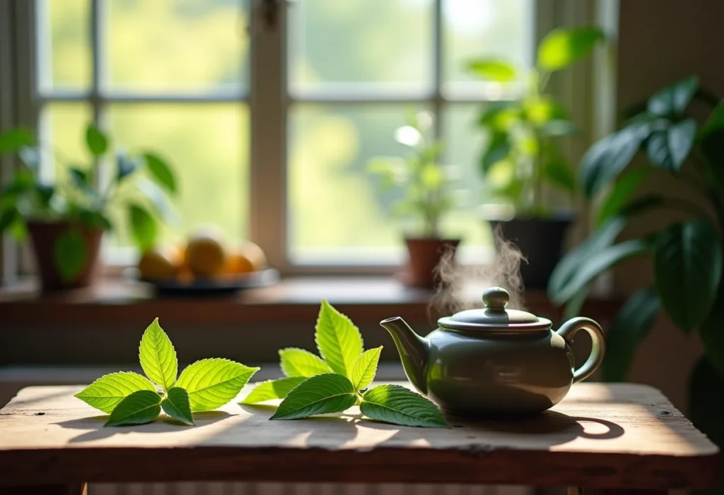 Chá de erva cidreira sendo preparado em bule de cerâmica com folhas frescas, vapor e luz natural