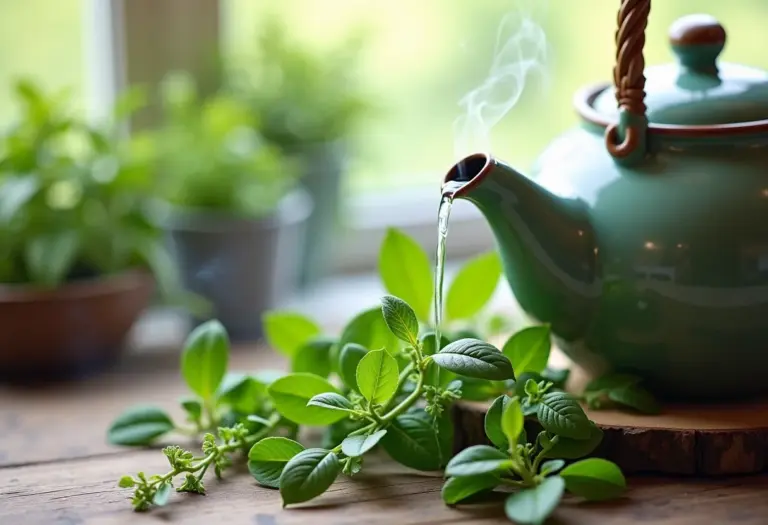 Chá de erva cidreira sendo preparado em bule de cerâmica sobre mesa de madeira rústica