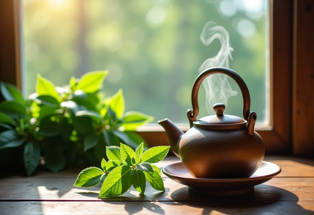 Chá de erva cidreira sendo preparado em bule de cerâmica.