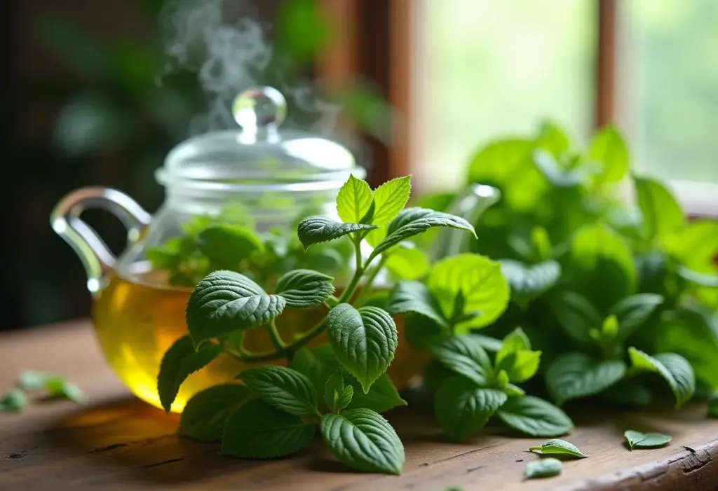 Chá de erva cidreira sendo preparado em bule de vidro com folhas frescas