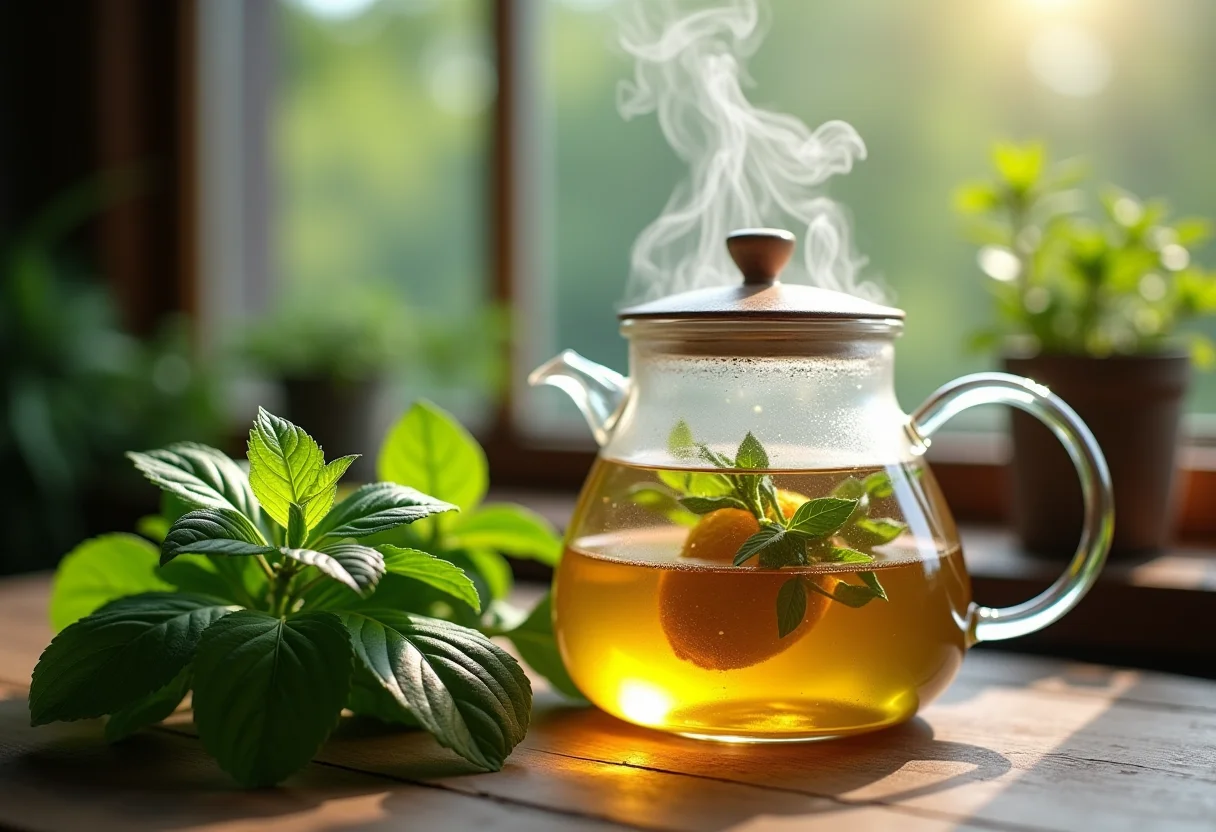 Chá de erva cidreira sendo preparado em bule de vidro sobre mesa rústica.