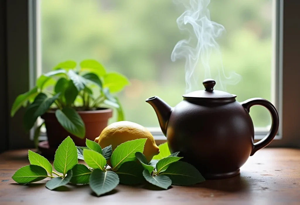 Chá de erva cidreira sendo preparado em bule rústico
