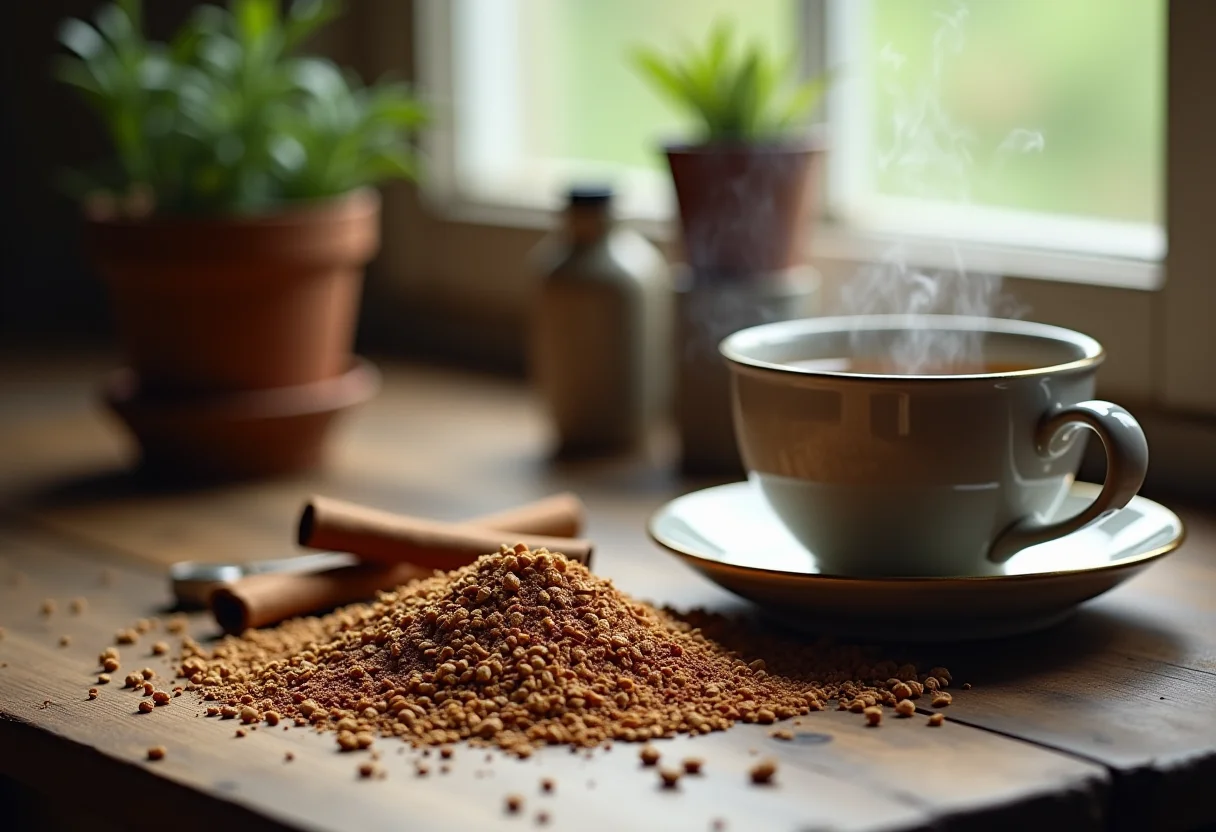 Chá de erva doce com canela em mesa rústica