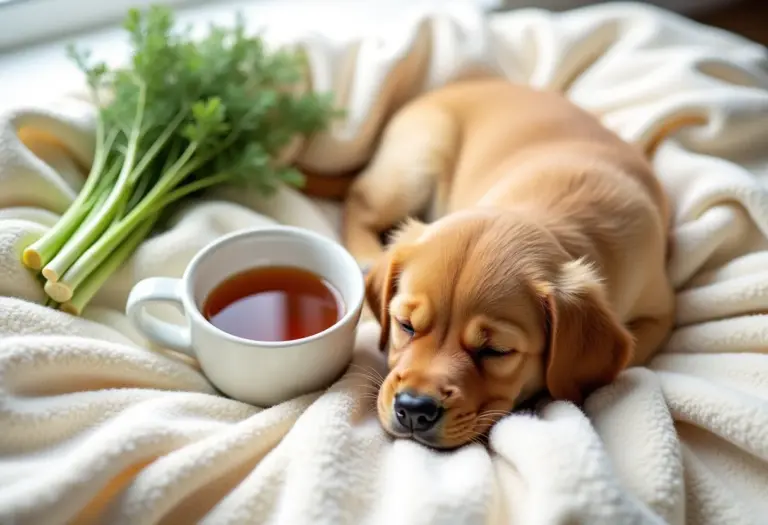 Chá de erva doce para cães com filhote dormindo
