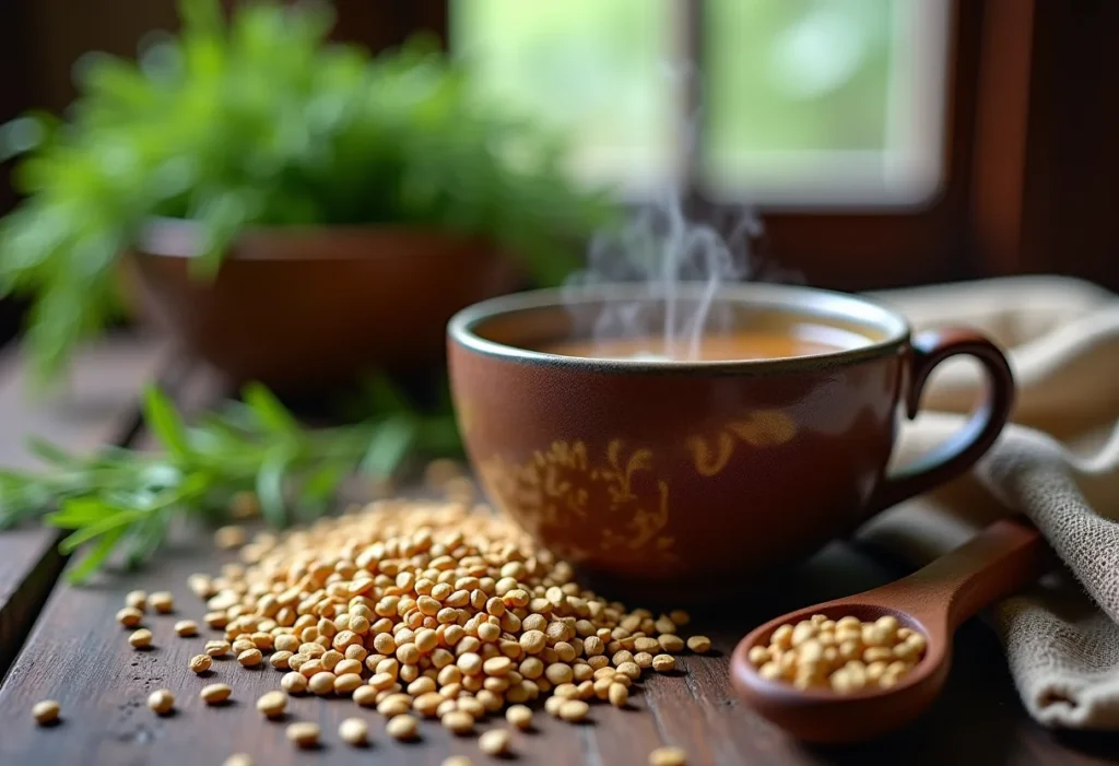 Chá de erva doce sendo preparado em mesa rústica com ingredientes frescos e secos ao redor.