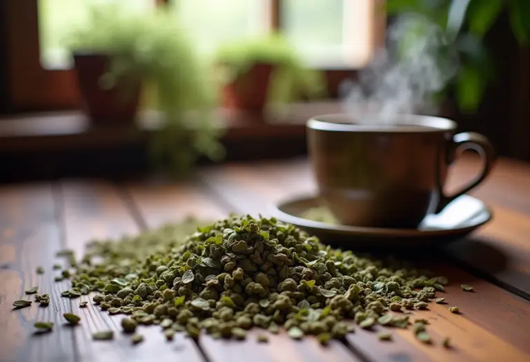 Chá de Erva Mate Torrado sendo preparado em mesa de madeira rústica.