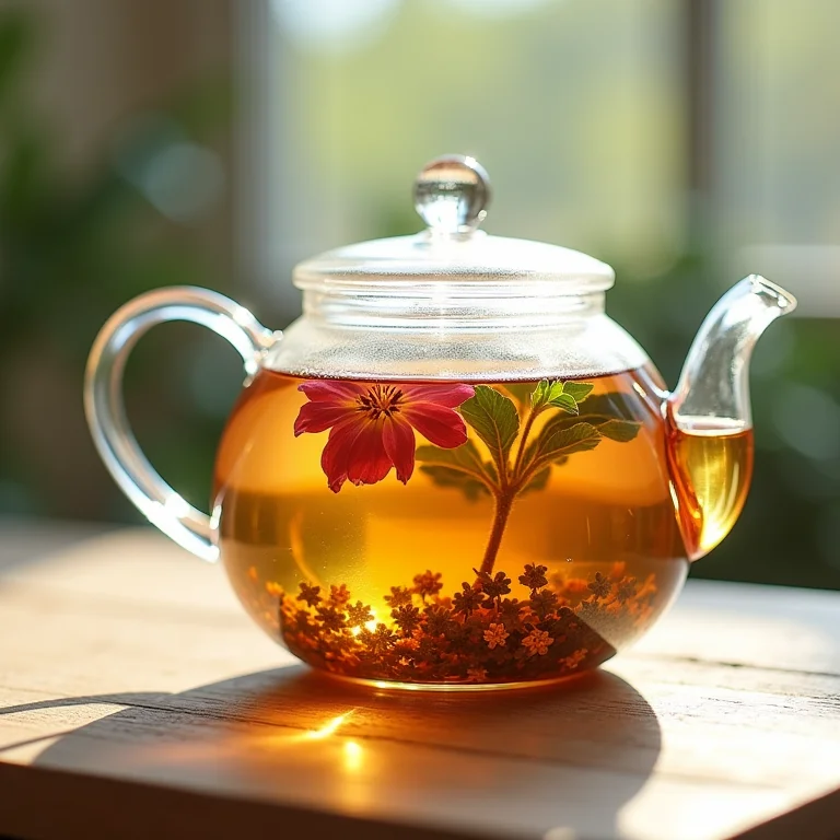 Chá de ervas em infusão em um bule de vidro transparente.