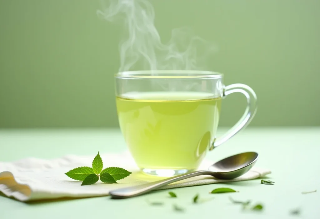 Chá de Estévia: O segredo para adoçar sem calorias (e como preparar) Chá de estévia em uma xícara de vidro com folhas e colher