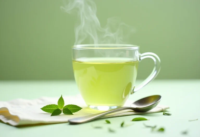 Chá de estévia em uma xícara de vidro com folhas e colher