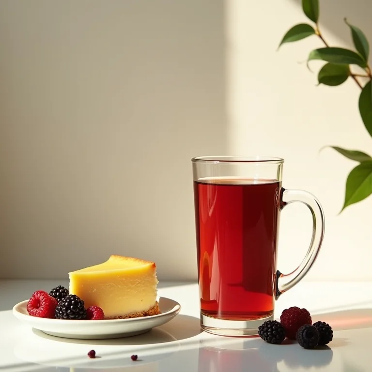 Chá de folha de amora harmonizado com bolo de limão e frutas vermelhas