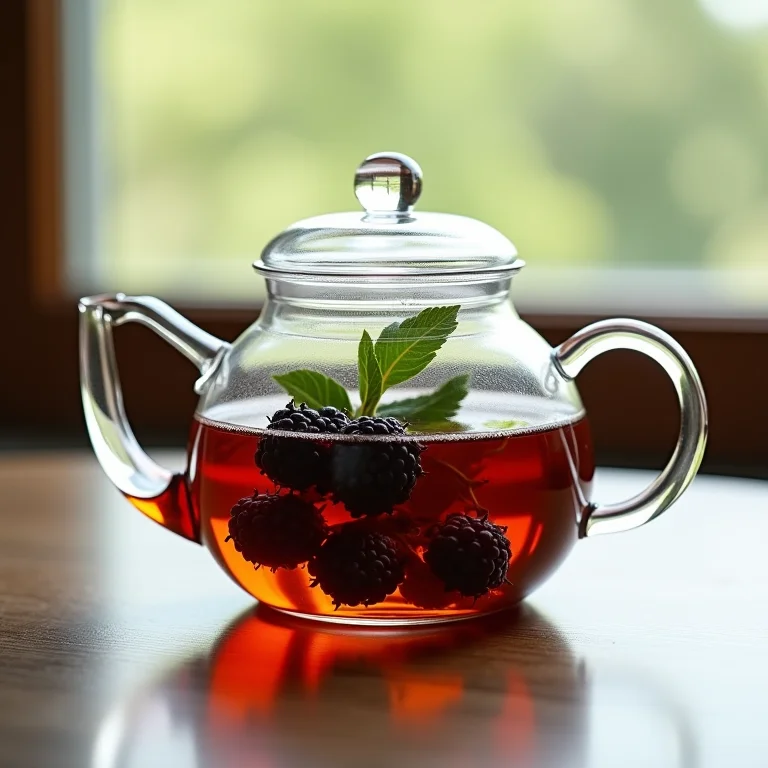 Chá de folha de amora sendo preparado em bule de vidro