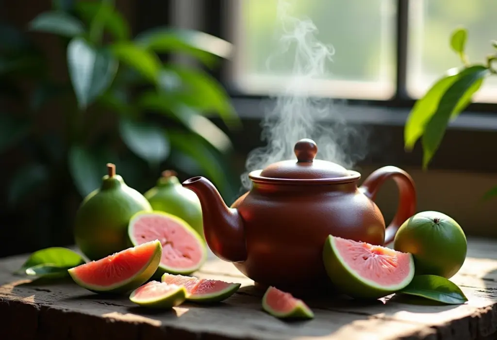 Chá de folha de goiaba: O segredo para um intestino saudável Chá de folha de goiaba sendo preparado em bule rústico.