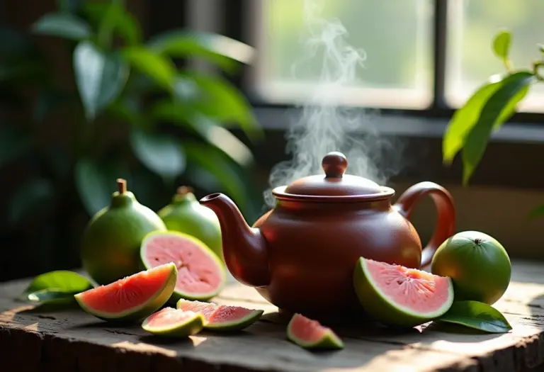 Chá de folha de goiaba sendo preparado em bule rústico.