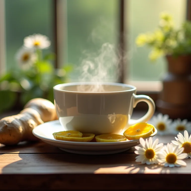 Chá de gengibre e camomila sendo preparado em xícara de cerâmica