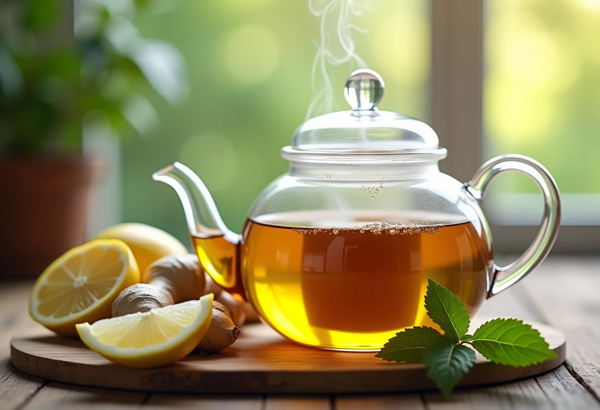 Chá de gengibre, limão e hortelã em mesa rústica com ingredientes frescos