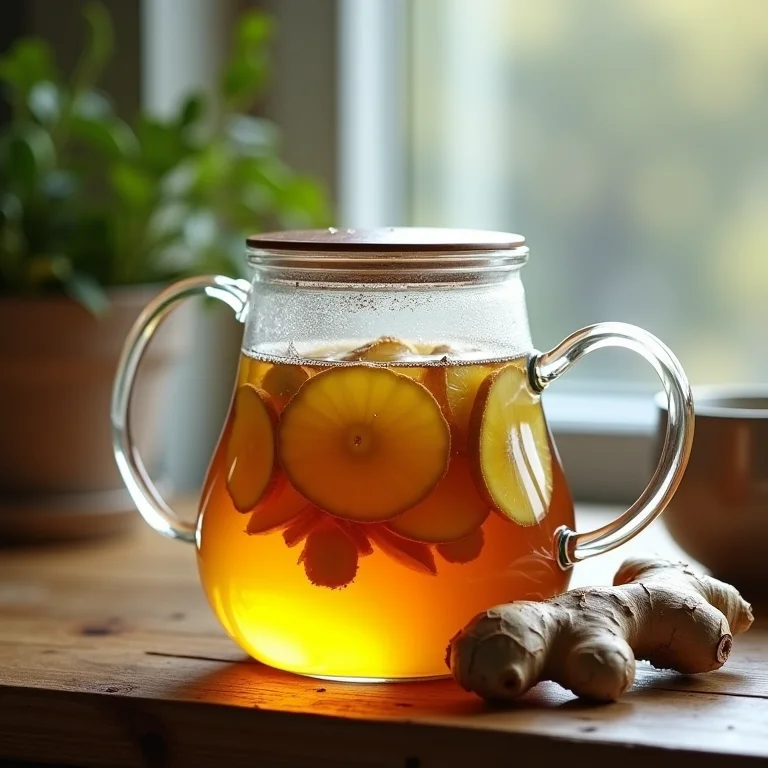 Chá de gengibre sendo preparado em bule de vidro, revelando as texturas da raiz.