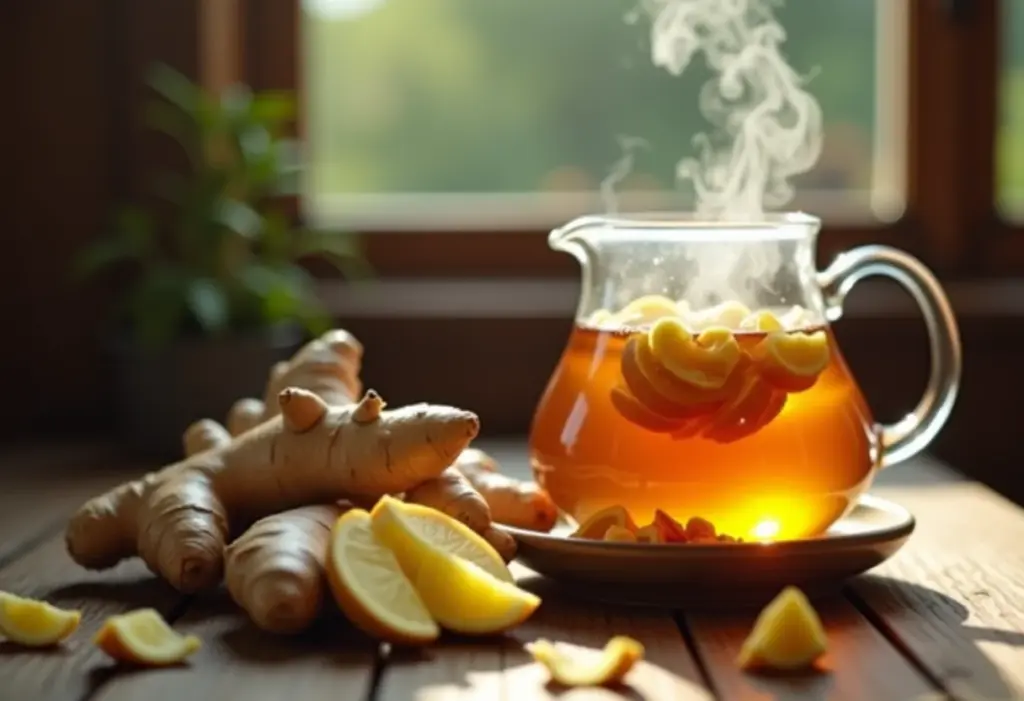 Chá de gengibre sendo preparado em bule de vidro sobre mesa rústica.